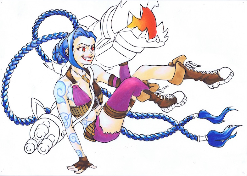 Marker Manga drawing of a woman with long blue braids