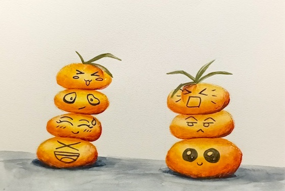 Funny Faces on Oranges watercolor Painting