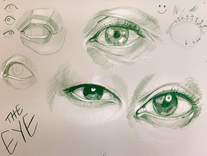 Green colored pencil drawing of eyes for FACES, FEATURES & FIGURES