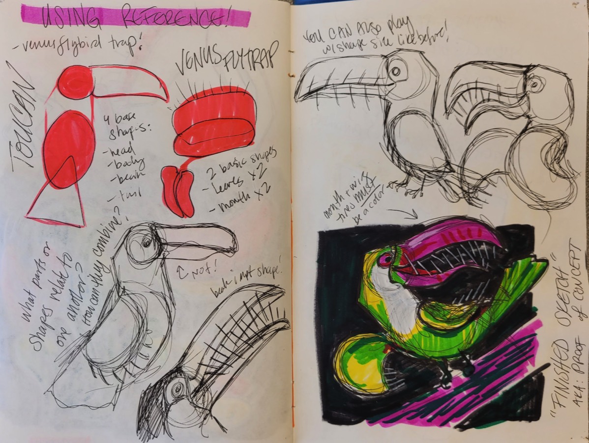 sketchbook full of bird drawings