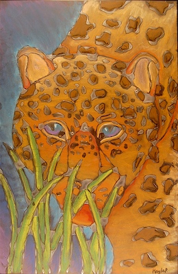Leopard in glue lines on black paper w/soft pastel