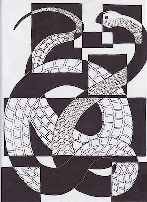 Negative space snake abstraction, pen and marker