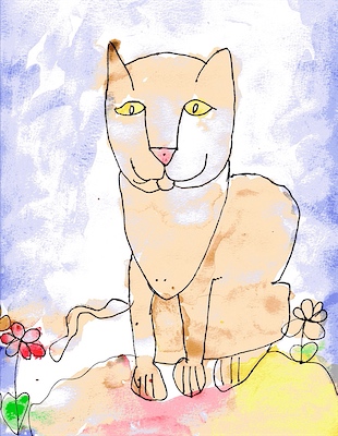 Cat in pen and watercolor wash