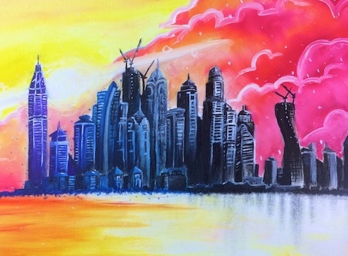 Cityscape in sunset paint